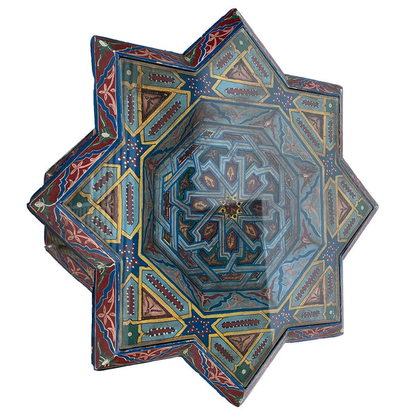 Vintage Moroccan Moorish Style Painted Wood Glass Top Star-Form Side Table