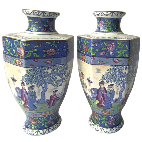 Pair English Empire Porcelain Co. Staffordshire Pottery Chinoiserie Vases