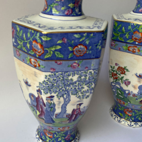 Pair English Empire Porcelain Co. Staffordshire Pottery Chinoiserie Vases