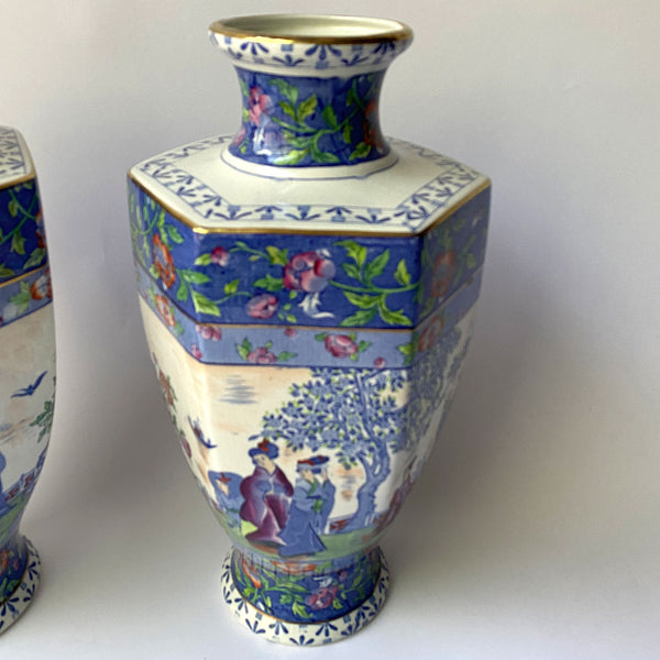 Pair English Empire Porcelain Co. Staffordshire Pottery Chinoiserie Vases