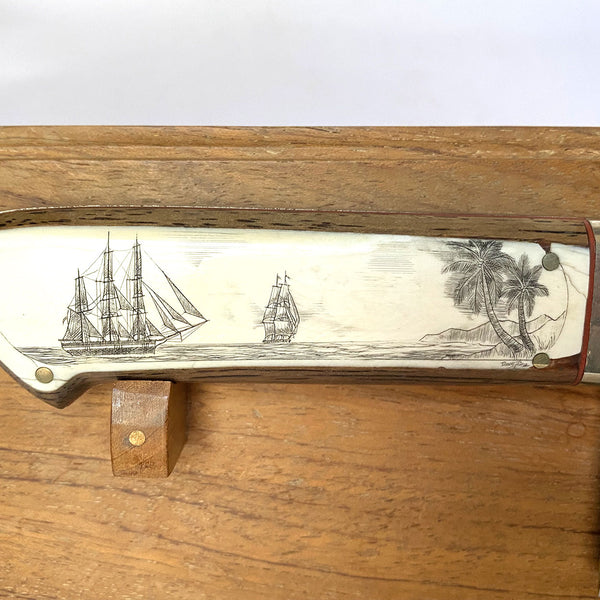 American JAY HARRIS & DOUG FINE Antler Scrimshaw Cleaver Knife and Display Board