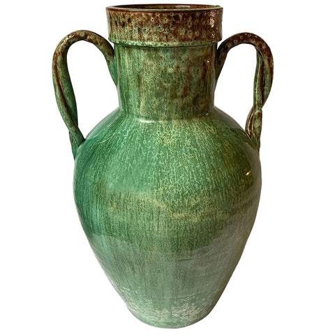 French Green Glazed Terracotta Two-Handle Amphora Storage Jar