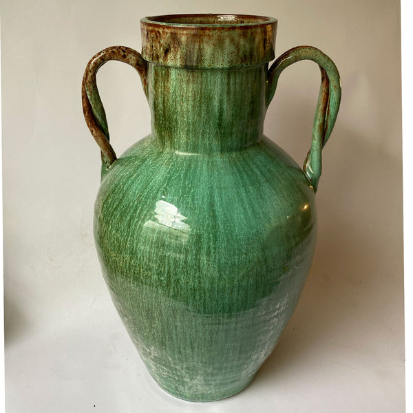 French Green Glazed Terracotta Two-Handle Amphora Storage Jar