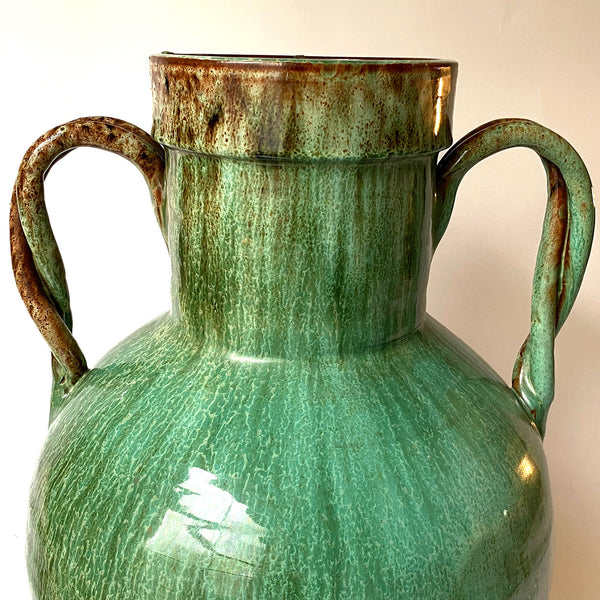 French Green Glazed Terracotta Two-Handle Amphora Storage Jar