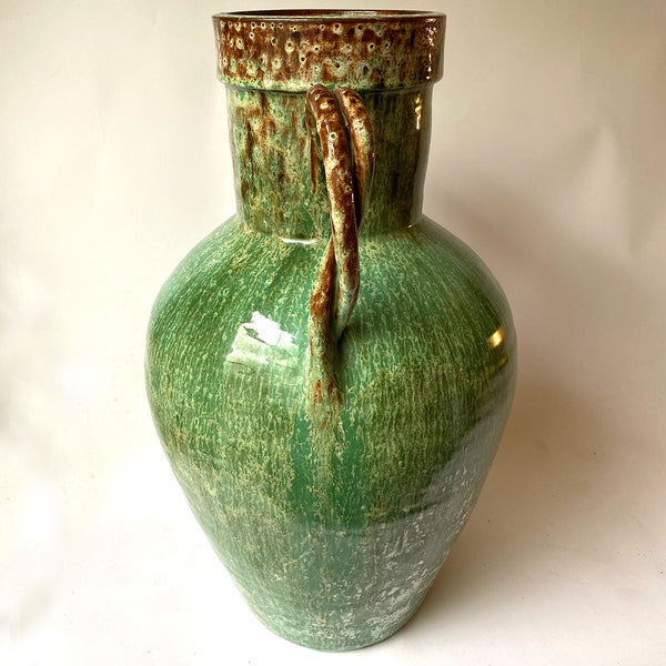 French Green Glazed Terracotta Two-Handle Amphora Storage Jar