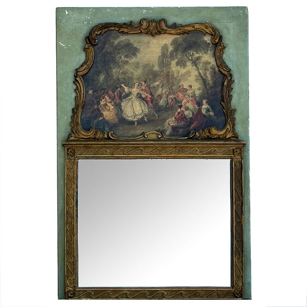 French Louis XV Style after Nicolas Lancret Painted Trumeau Gilt Wood Mirror