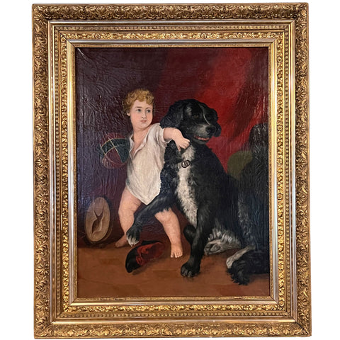 English School Oil on Canvas Painting, Interior with a Boy and Dog Playing