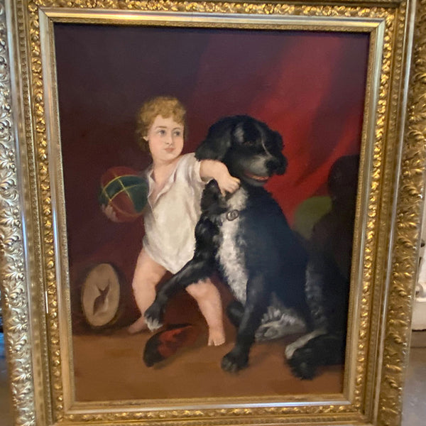 English School Oil on Canvas Painting, Interior with a Boy and Dog Playing