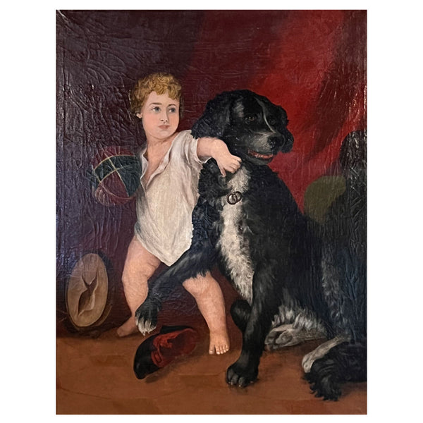 English School Oil on Canvas Painting, Interior with a Boy and Dog Playing