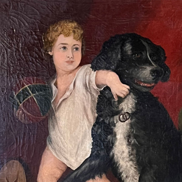 English School Oil on Canvas Painting, Interior with a Boy and Dog Playing