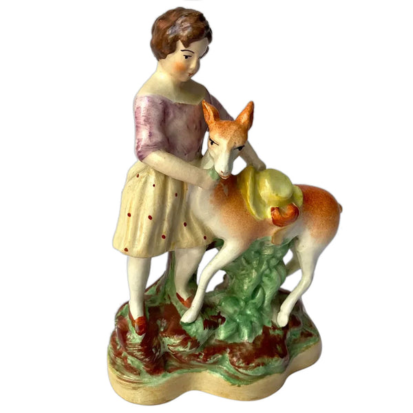 English Staffordshire Pottery Figural Group, Girl with Fawn