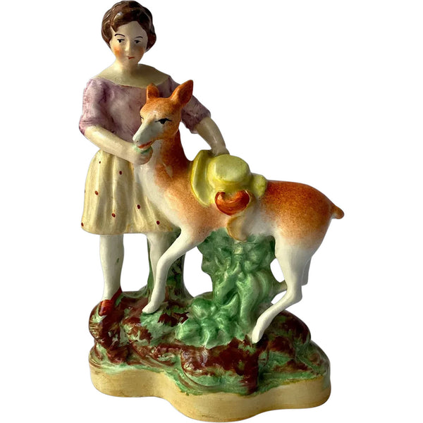 English Staffordshire Pottery Figural Group, Girl with Fawn