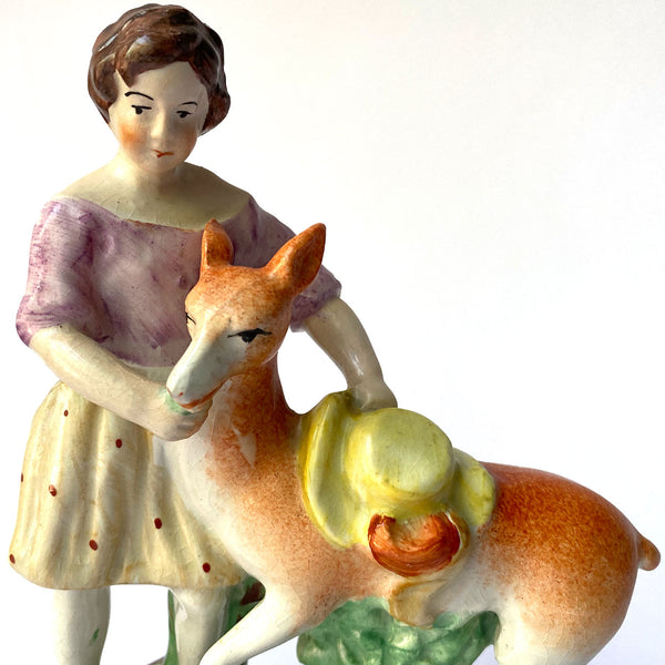 English Staffordshire Pottery Figural Group, Girl with Fawn