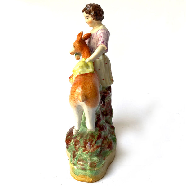 English Staffordshire Pottery Figural Group, Girl with Fawn