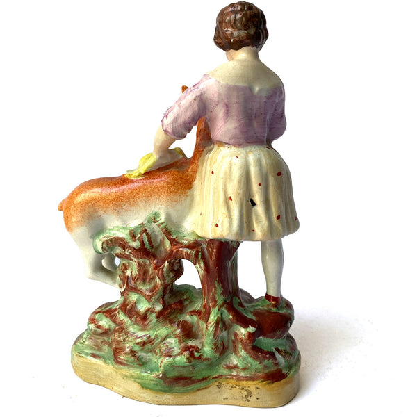 English Staffordshire Pottery Figural Group, Girl with Fawn