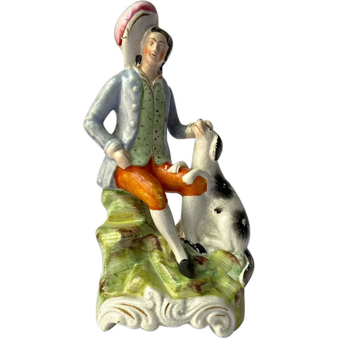 English Staffordshire Pottery Flatback Figural Group, Gentleman with a Dog