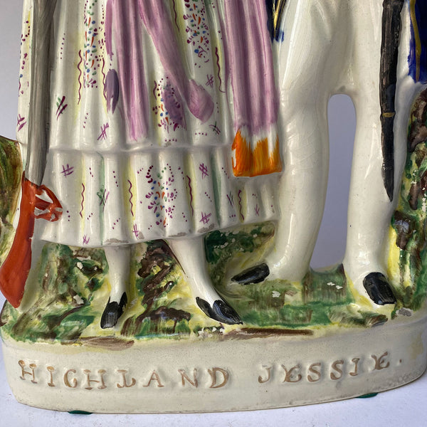 Large English Staffordshire Pottery Flatback Highland Jessie Figural Group