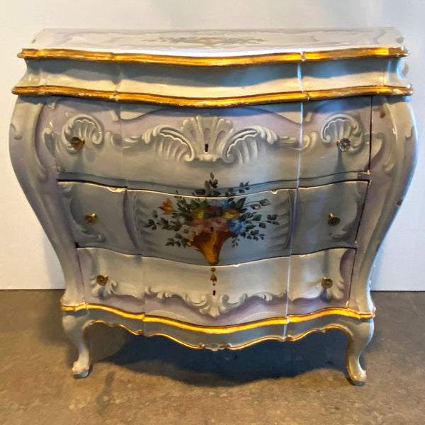 Pair Italian Venetian Gilt and Painted Pine Bombe Chest of Drawers