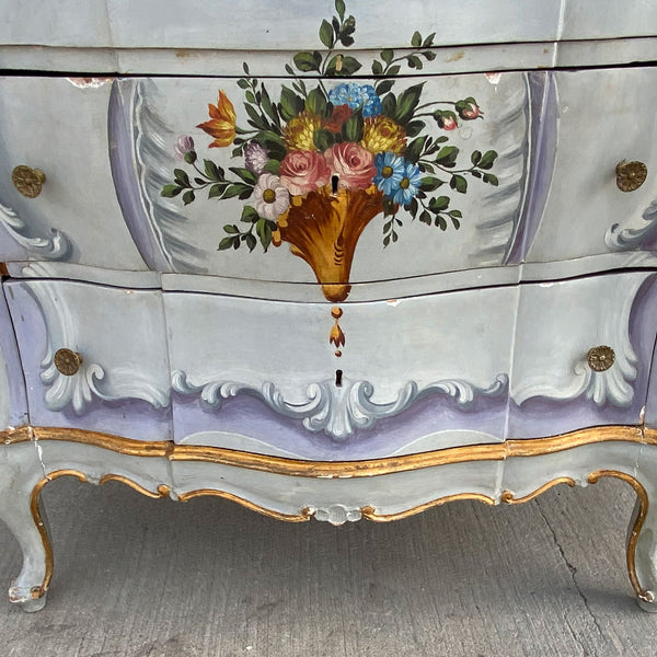 Pair Italian Venetian Gilt and Painted Pine Bombe Chest of Drawers