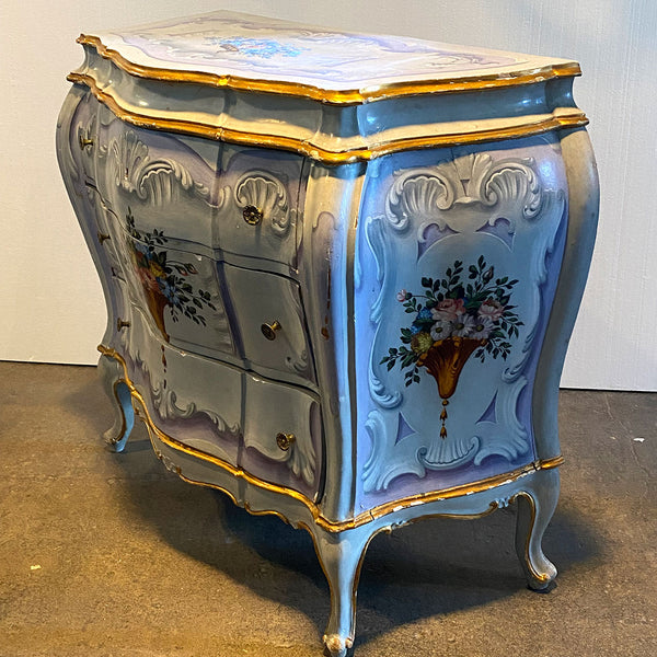 Pair Italian Venetian Gilt and Painted Pine Bombe Chest of Drawers