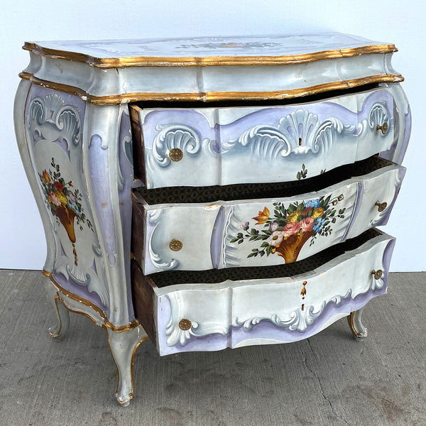 Pair Italian Venetian Gilt and Painted Pine Bombe Chest of Drawers