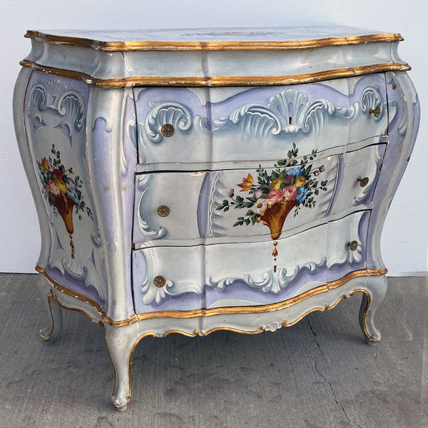 Pair Italian Venetian Gilt and Painted Pine Bombe Chest of Drawers