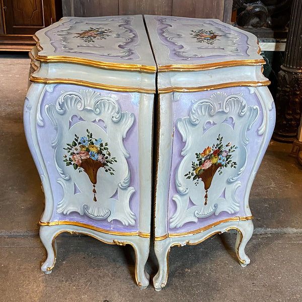 Pair Italian Venetian Gilt and Painted Pine Bombe Chest of Drawers