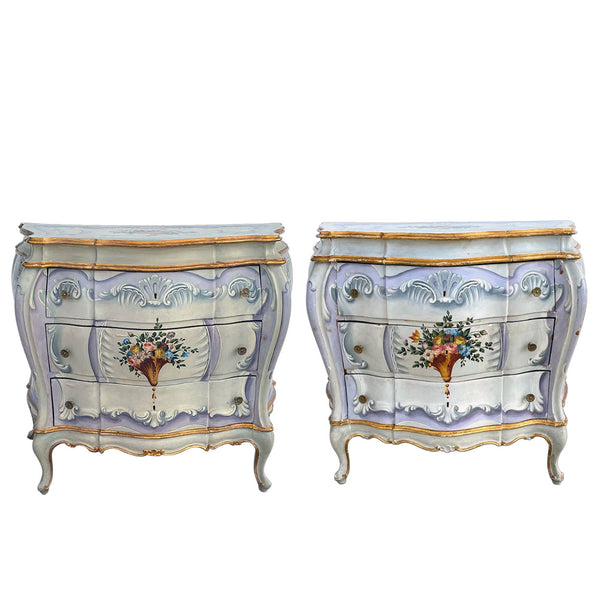 Pair Italian Venetian Gilt and Painted Pine Bombe Chest of Drawers