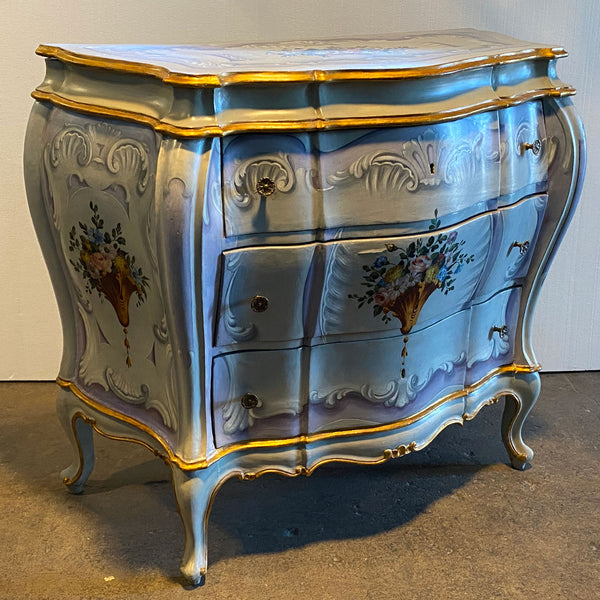 Pair Italian Venetian Gilt and Painted Pine Bombe Chest of Drawers