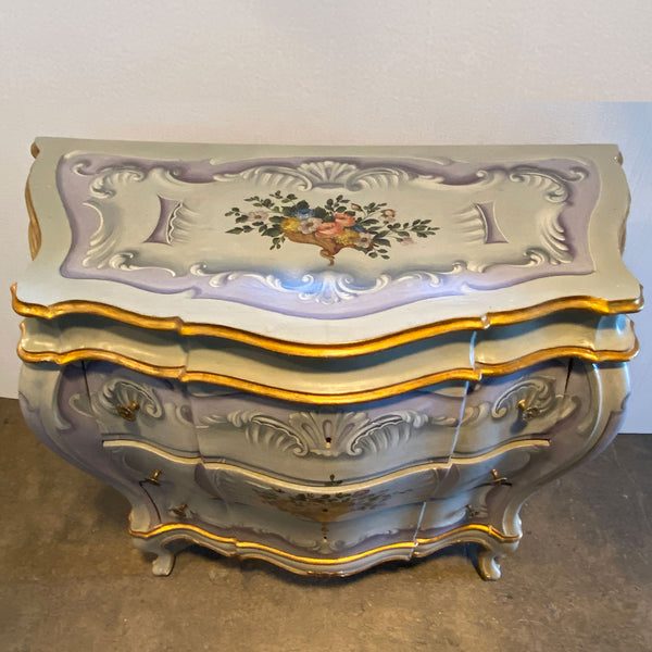 Pair Italian Venetian Gilt and Painted Pine Bombe Chest of Drawers