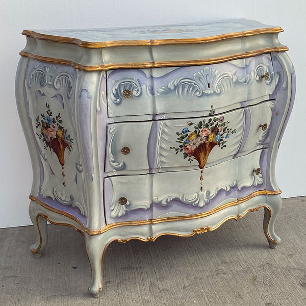 Pair Italian Venetian Gilt and Painted Pine Bombe Chest of Drawers