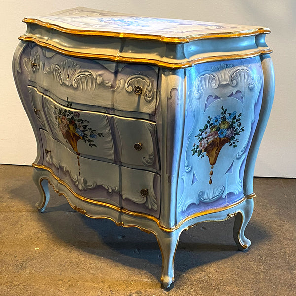 Pair Italian Venetian Gilt and Painted Pine Bombe Chest of Drawers