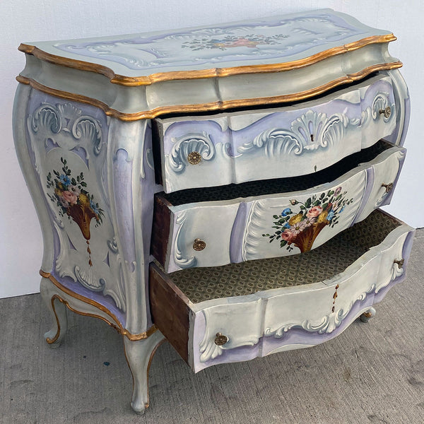 Pair Italian Venetian Gilt and Painted Pine Bombe Chest of Drawers