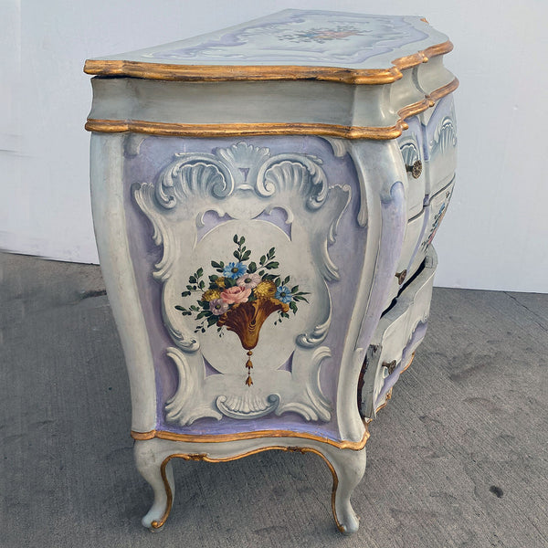 Pair Italian Venetian Gilt and Painted Pine Bombe Chest of Drawers