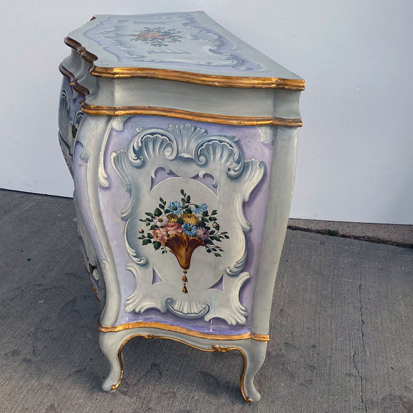 Pair Italian Venetian Gilt and Painted Pine Bombe Chest of Drawers