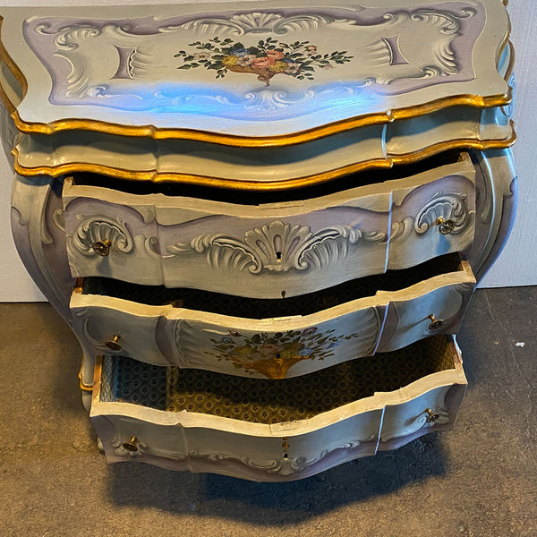 Pair Italian Venetian Gilt and Painted Pine Bombe Chest of Drawers