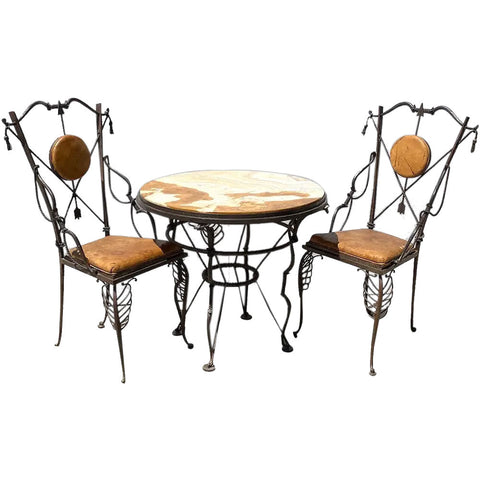 Vintage 3-Piece Set French Wrought Iron, Marble, Leather Table and Side Chairs