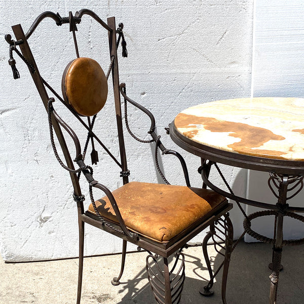 Vintage 3-Piece Set French Wrought Iron, Marble, Leather Table and Side Chairs