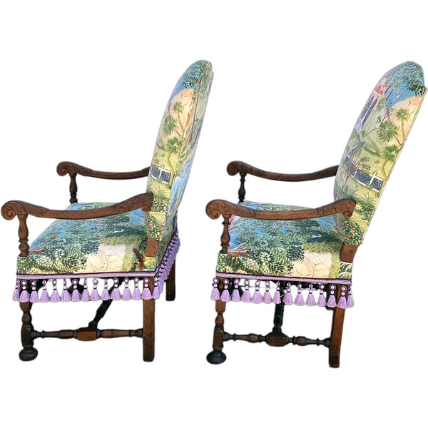 Pair French Louis XIV Zoffany Upholstered Walnut Open Armchairs (Fauteuils)