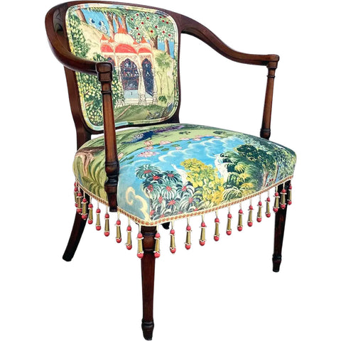 English Sheraton Mahogany Zoffany Peacock Garden Upholstered Armchair