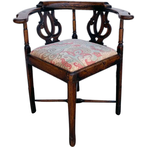 English George III Elm Upholstered Seat Desk Corner Armchair