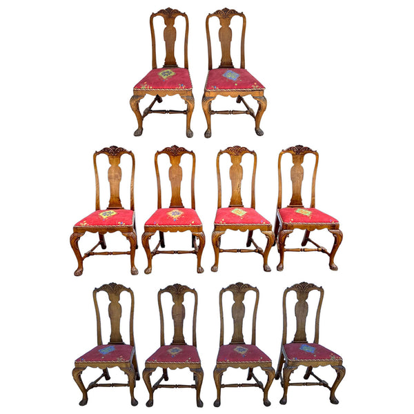 Set of 10 English/Irish Queen Anne Style Walnut Upholstered Seat Dining Chairs