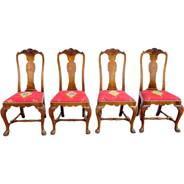 Set of 10 English/Irish Queen Anne Style Walnut Upholstered Seat Dining Chairs