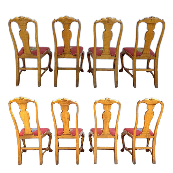 Set of 10 English/Irish Queen Anne Style Walnut Upholstered Seat Dining Chairs