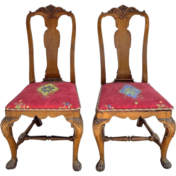 Set of 10 English/Irish Queen Anne Style Walnut Upholstered Seat Dining Chairs