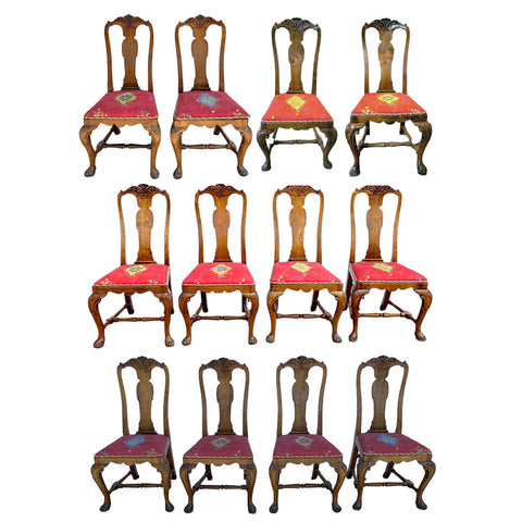 Set 12 English/Irish Queen Anne Style Walnut Upholstered Dining Chairs