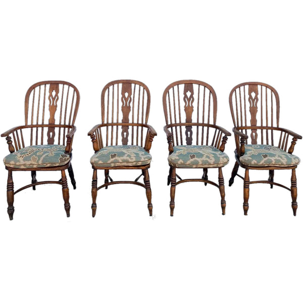 Set of Four Vintage English Highback Elm Windsor Armchairs