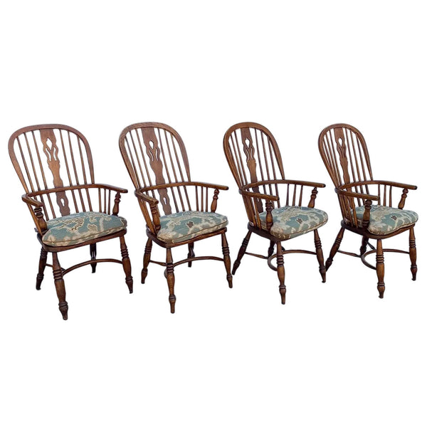 Set of Four Vintage English Highback Elm Windsor Armchairs