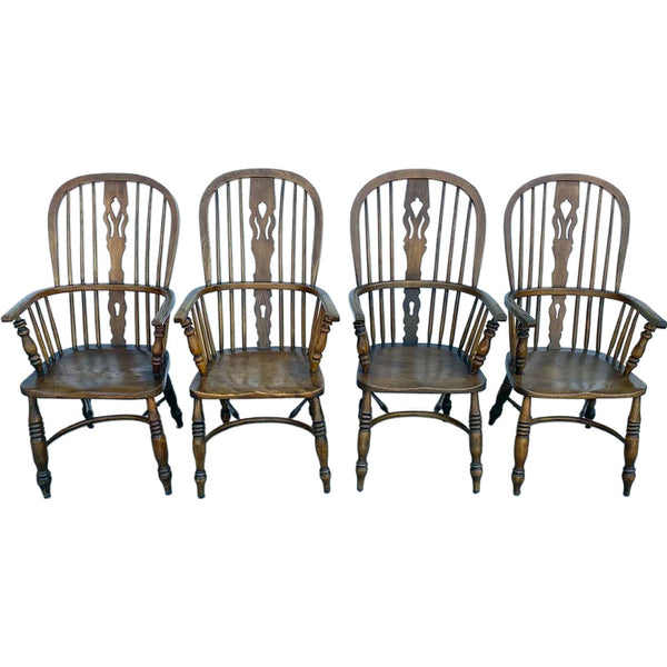 Set of Four Vintage English Highback Elm Windsor Armchairs