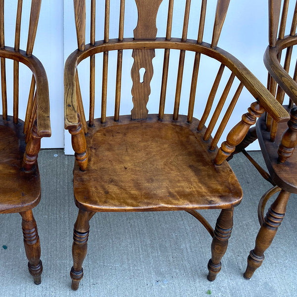 Set of Four Vintage English Highback Elm Windsor Armchairs